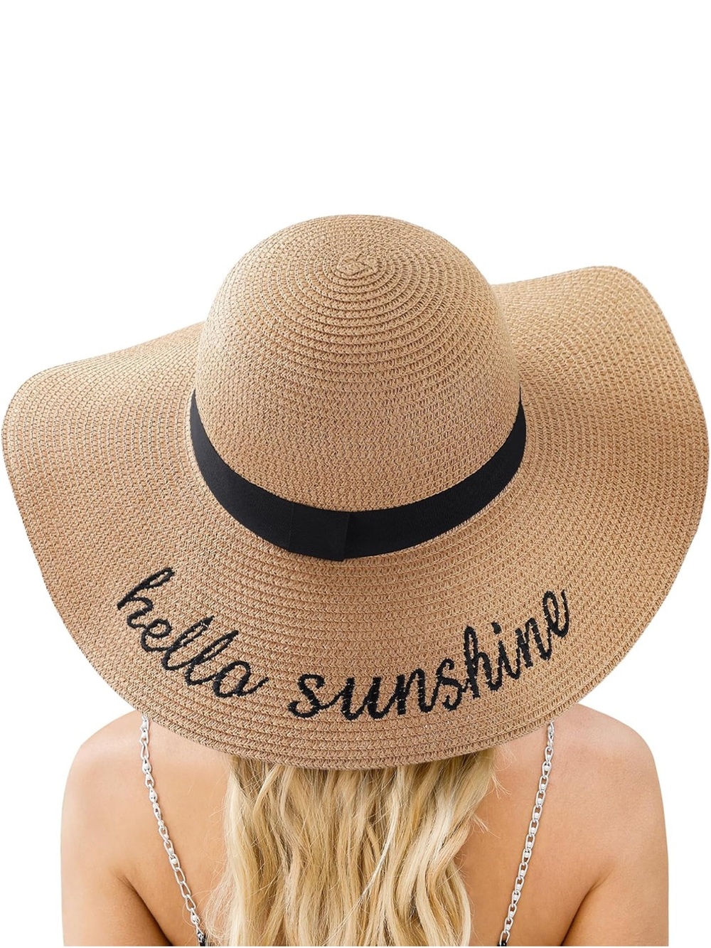 Wide Brim Straw Sun Hat with Black Script